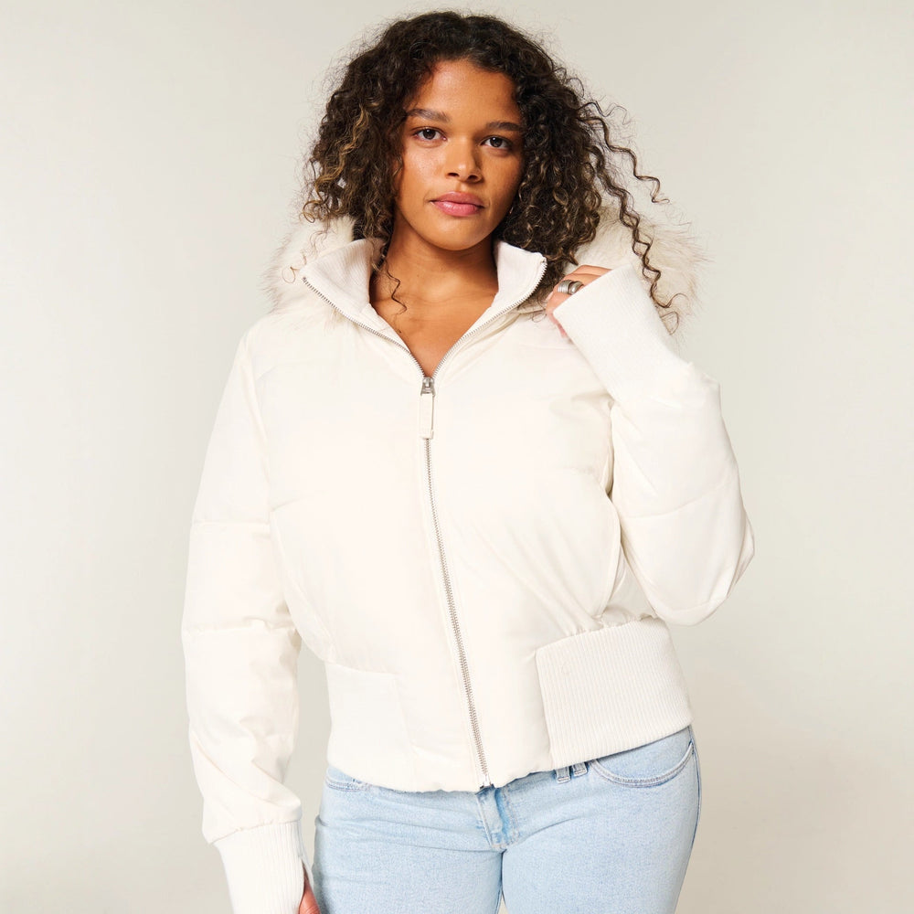 Fernanda | Women's Cropped Hooded Puffer Jacket - Cream - Image 2