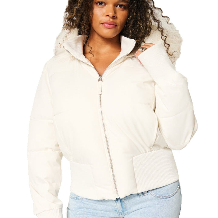 Fernanda | Women's Cropped Hooded Puffer Jacket - Cream - Image 4