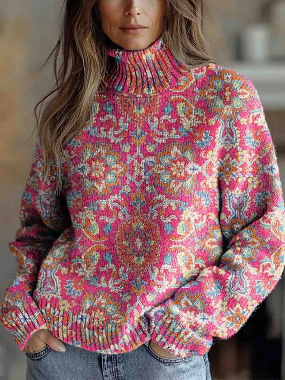 Fiona | Women's Floral Print Turtleneck Sweater - Floral - Image 1
