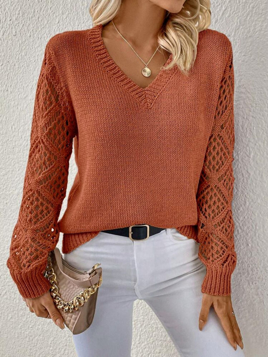 Fiona | Women's V Neck Openwork Long Sleeve Sweater - Champagne - Image 4