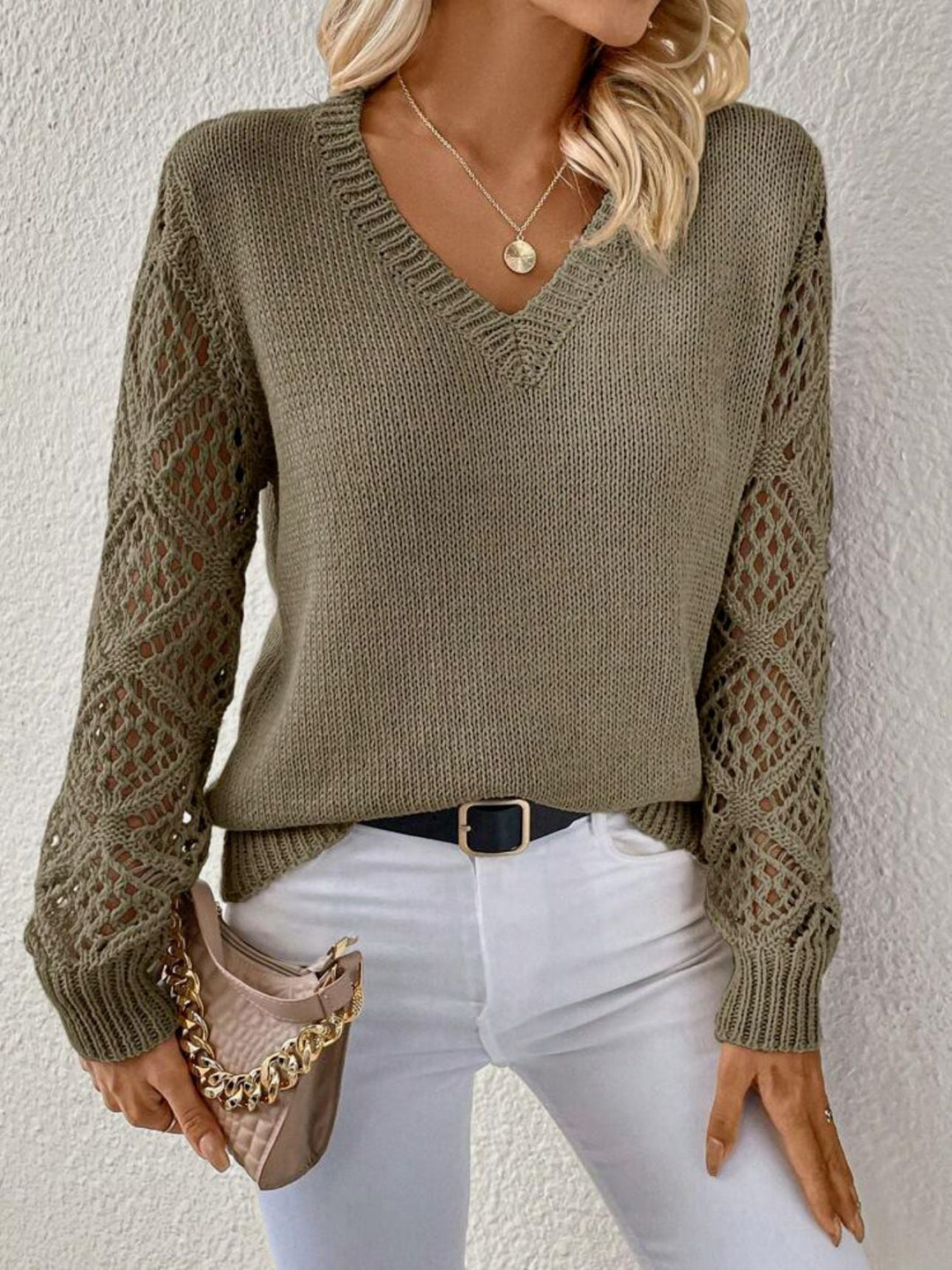 Fiona | Women's V Neck Openwork Long Sleeve Sweater - Champagne - Image 6