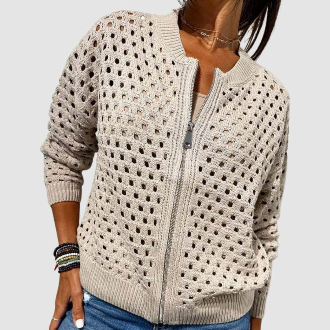 Fiona | Women's Zip Front Open Knit Cardigan - Beige - Image 1