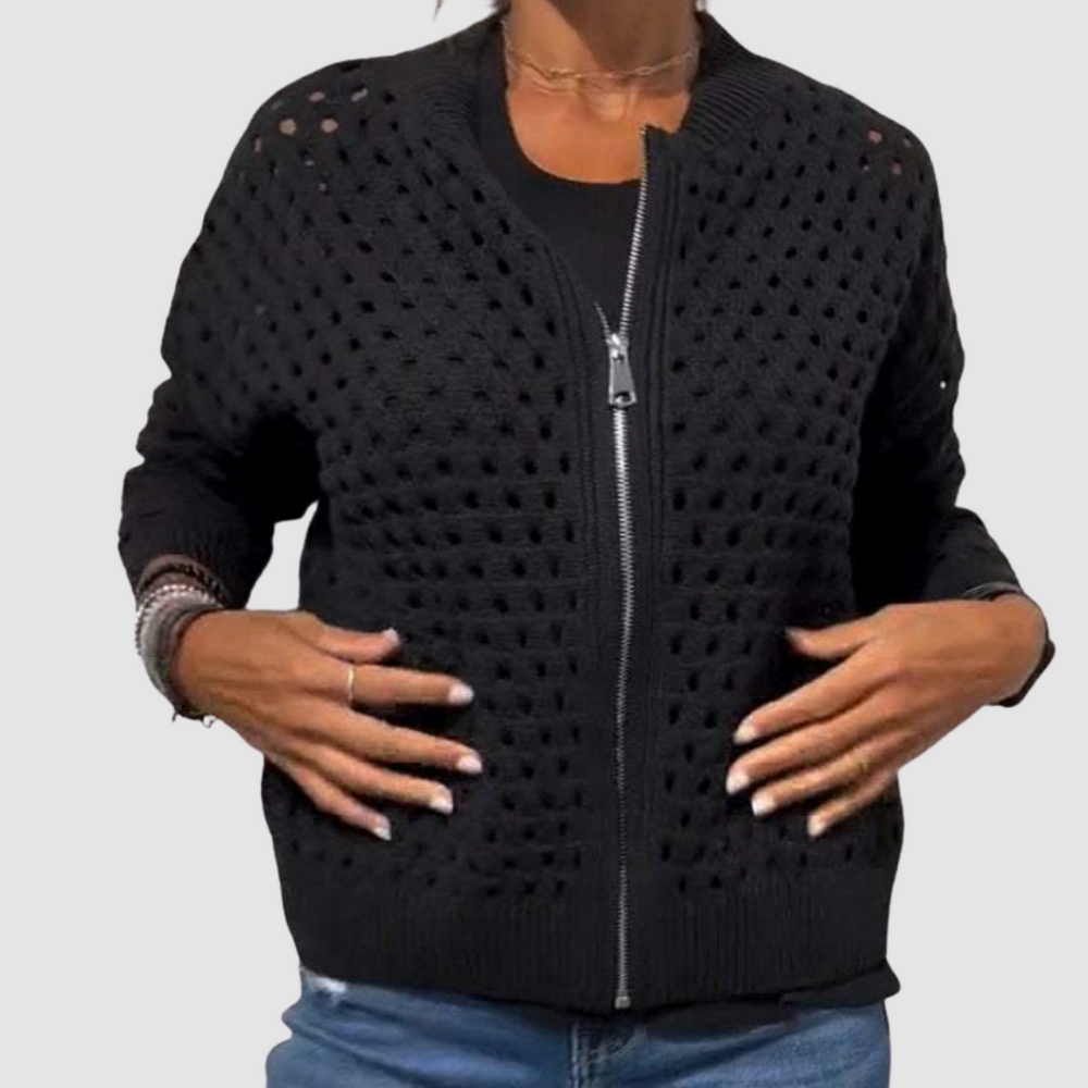 Fiona | Women's Zip Front Open Knit Cardigan - Beige - Image 2