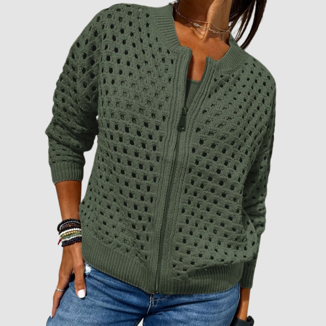 Fiona | Women's Zip Front Open Knit Cardigan - Beige - Image 3