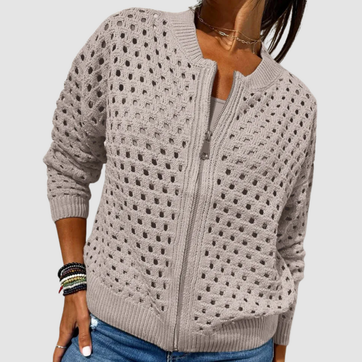 Fiona | Women's Zip Front Open Knit Cardigan - Beige - Image 4