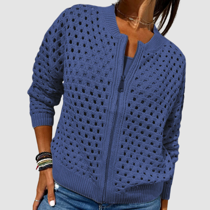 Fiona | Women's Zip Front Open Knit Cardigan - Beige - Image 5