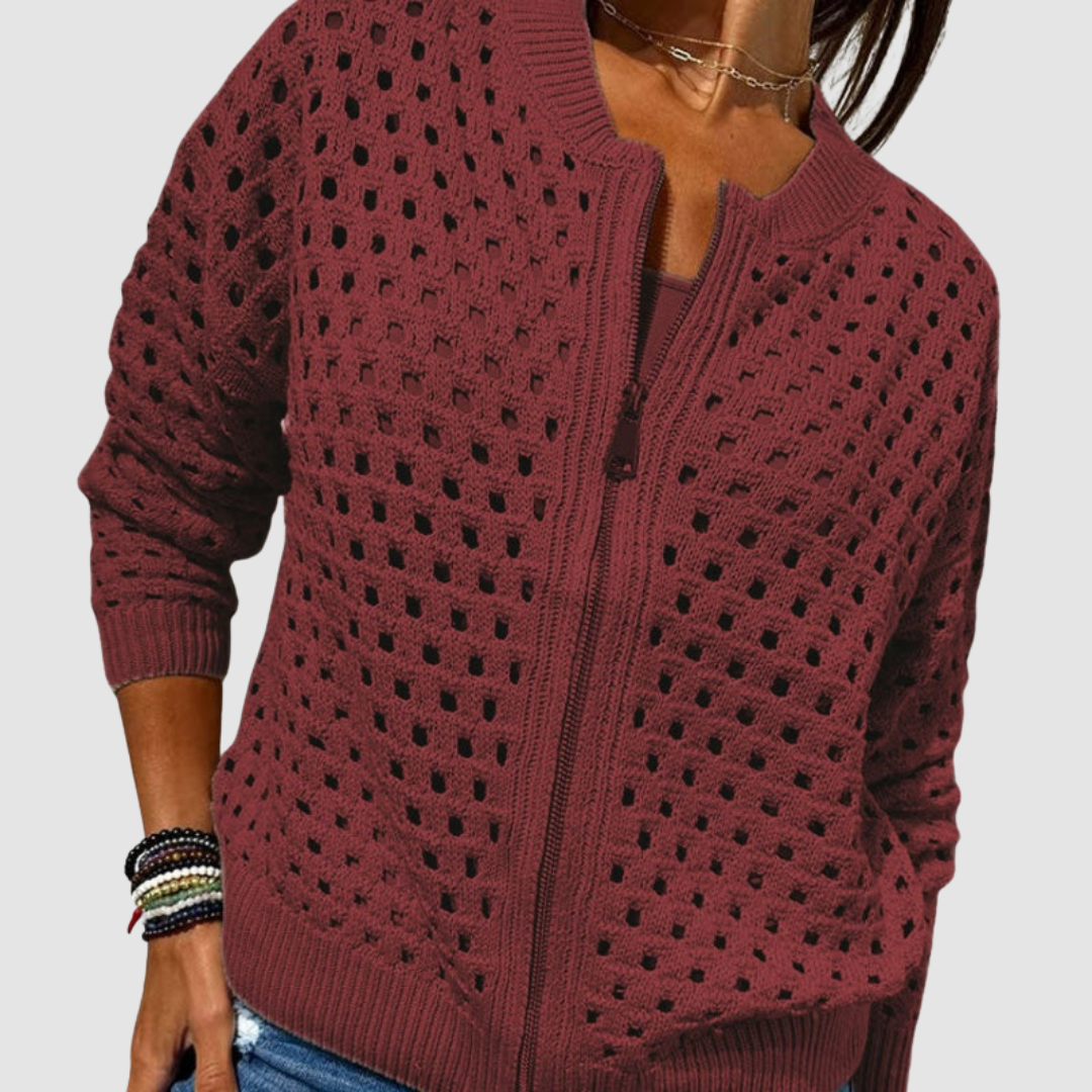 Fiona | Women's Zip Front Open Knit Cardigan - Beige - Image 6