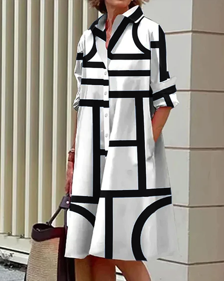 Flindova | Women's Geometric Print Shirt Midi Dress - White - Image 10