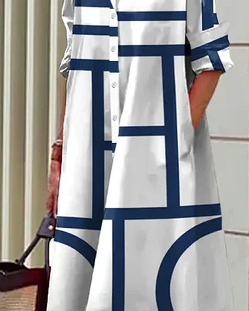 Flindova | Women's Geometric Print Shirt Midi Dress - White - Image 2