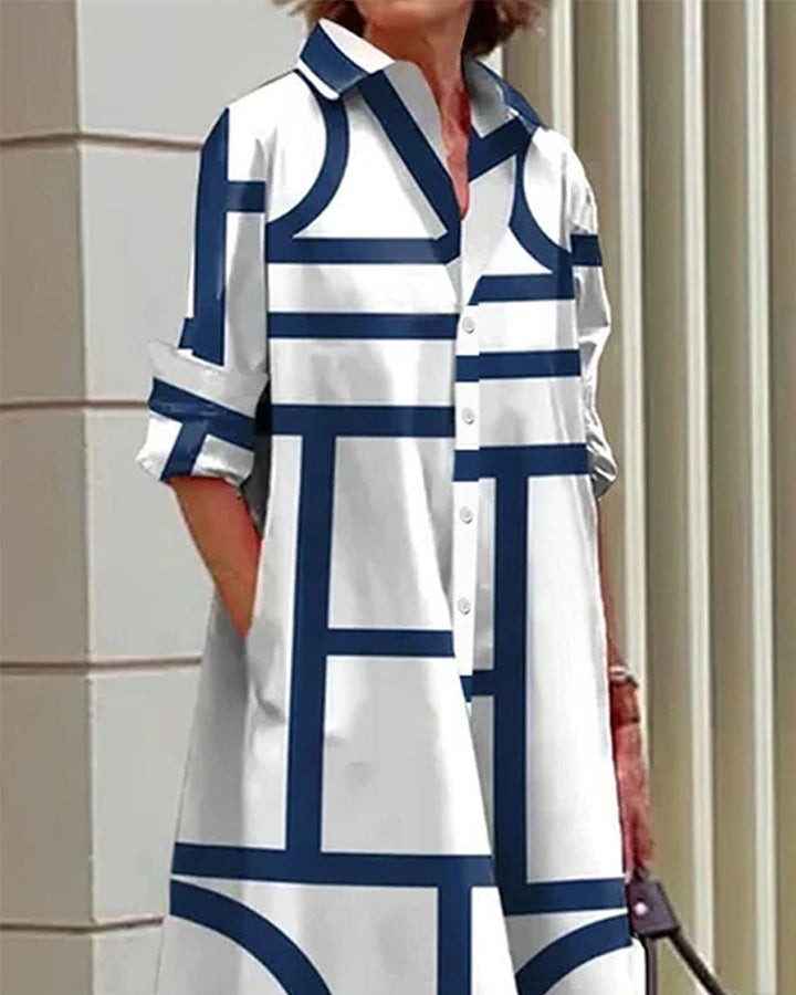 Flindova | Women's Geometric Print Shirt Midi Dress - White - Image 3