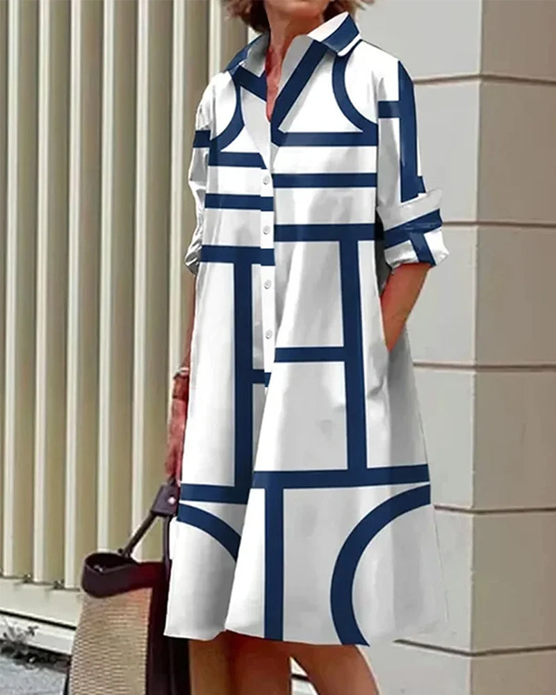 Flindova | Women's Geometric Print Shirt Midi Dress - White - Image 4