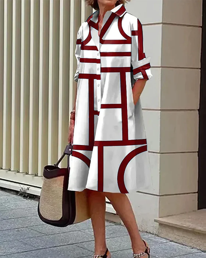 Flindova | Women's Geometric Print Shirt Midi Dress - White - Image 5