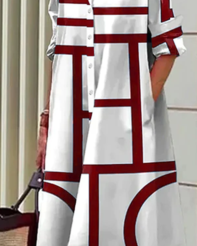 Flindova | Women's Geometric Print Shirt Midi Dress - White - Image 6