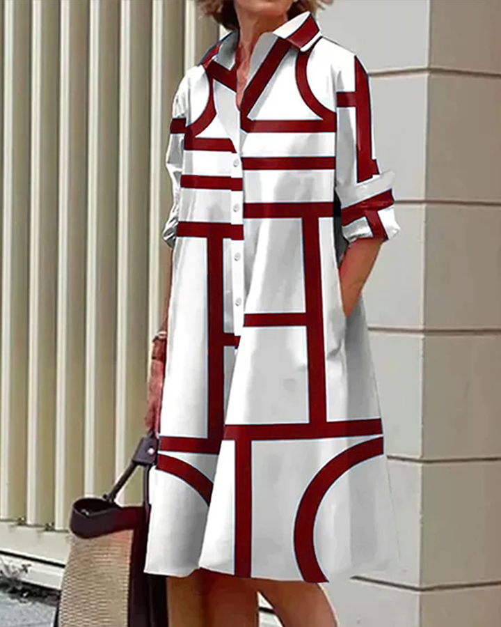 Flindova | Women's Geometric Print Shirt Midi Dress - White - Image 7