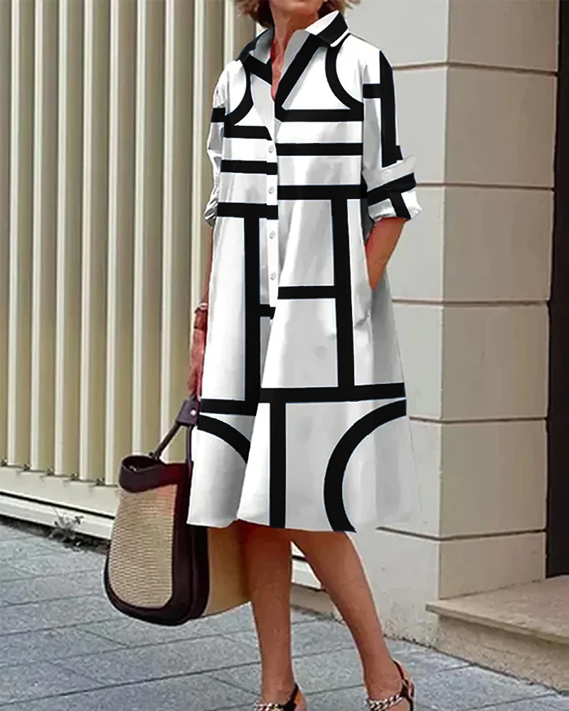 Flindova | Women's Geometric Print Shirt Midi Dress - White - Image 8