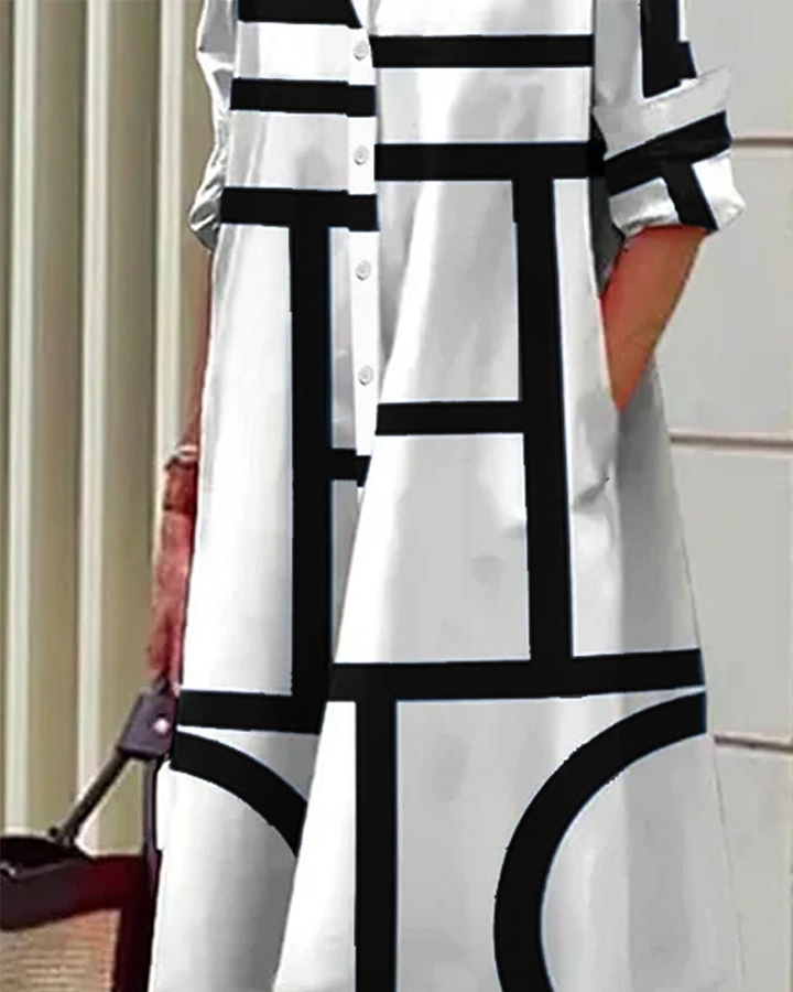 Flindova | Women's Geometric Print Shirt Midi Dress - White - Image 9