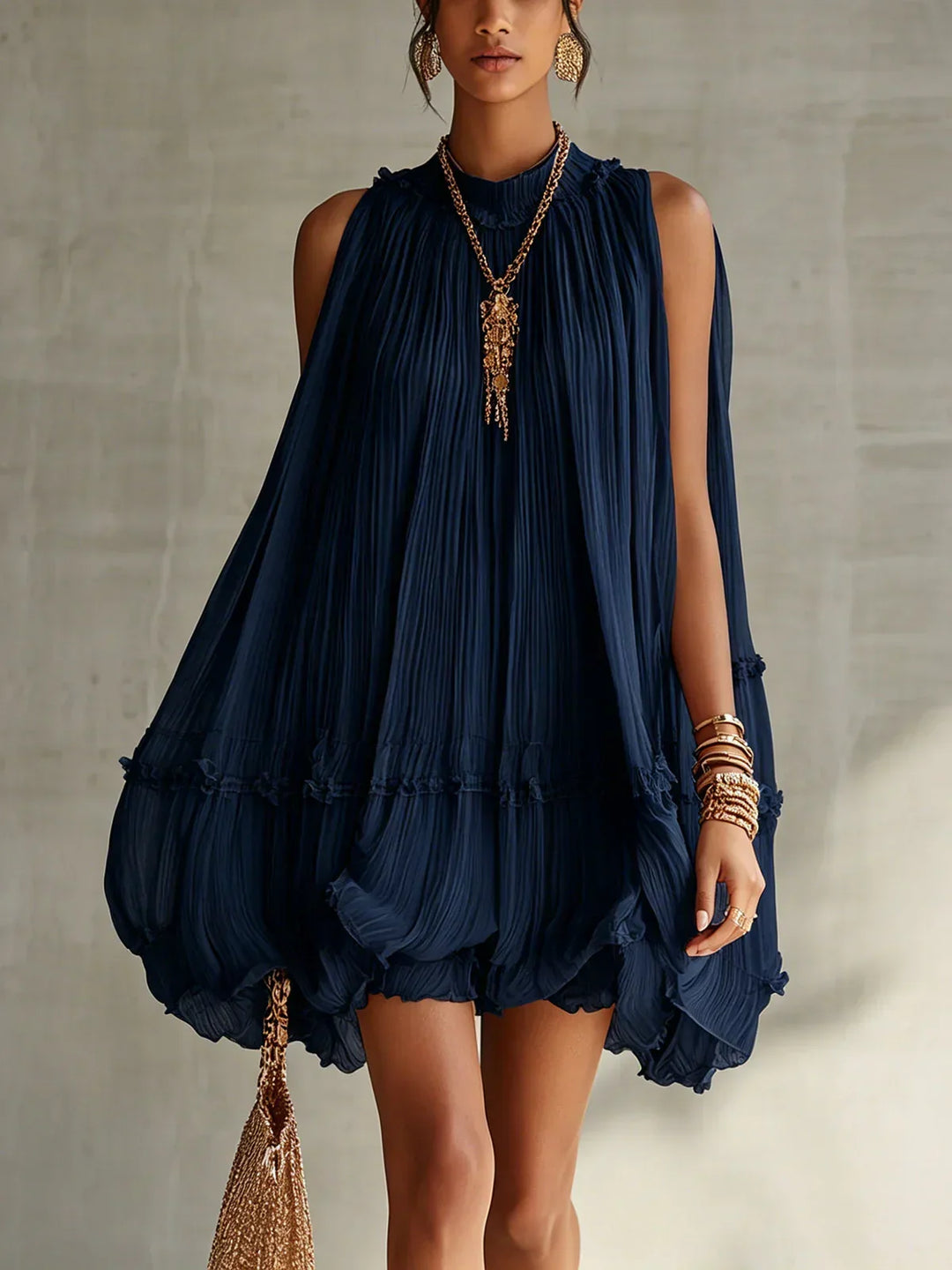 Floravel | Women's Pleated Bubble Hem Mini Dress - Navy - Image 1