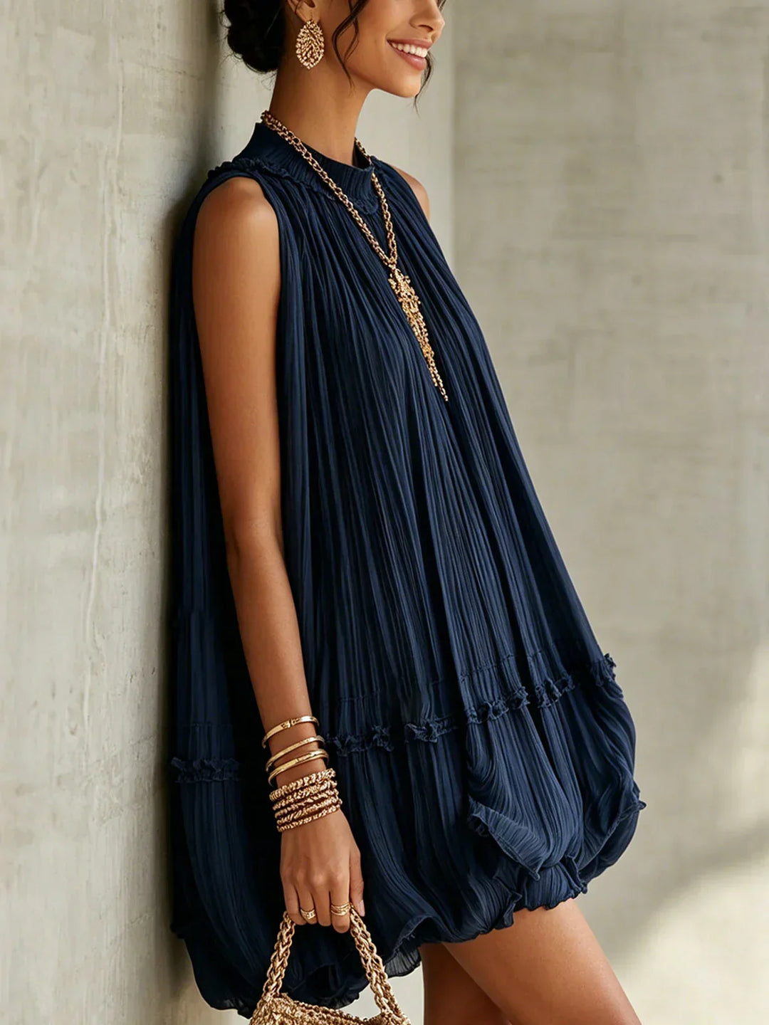 Floravel | Women's Pleated Bubble Hem Mini Dress - Navy - Image 2