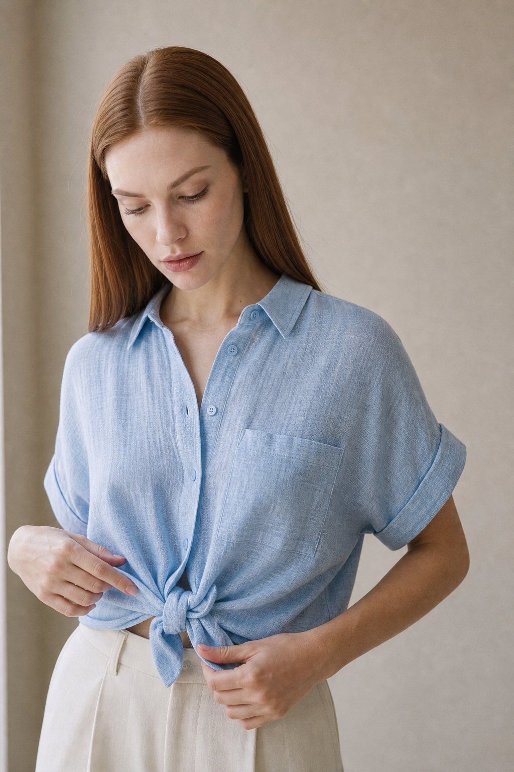 Floraye | Women's Boho Tie-Front Short Sleeve Shirt - Light Blue - Image 1