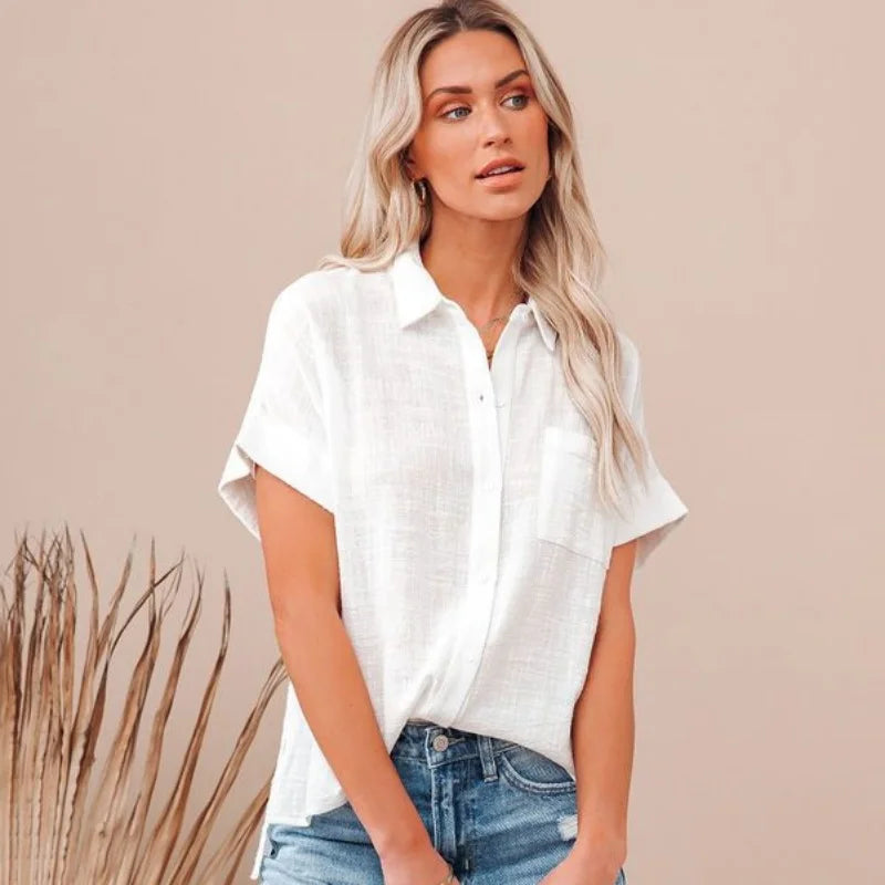 Floraye | Women's Boho Tie-Front Short Sleeve Shirt - Light Blue - Image 11