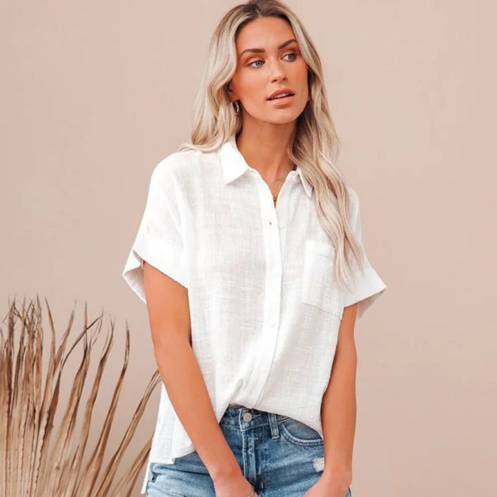 Floraye | Women's Boho Tie-Front Short Sleeve Shirt - Light Blue - Image 11