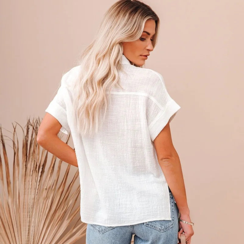Floraye | Women's Boho Tie-Front Short Sleeve Shirt - Light Blue - Image 12