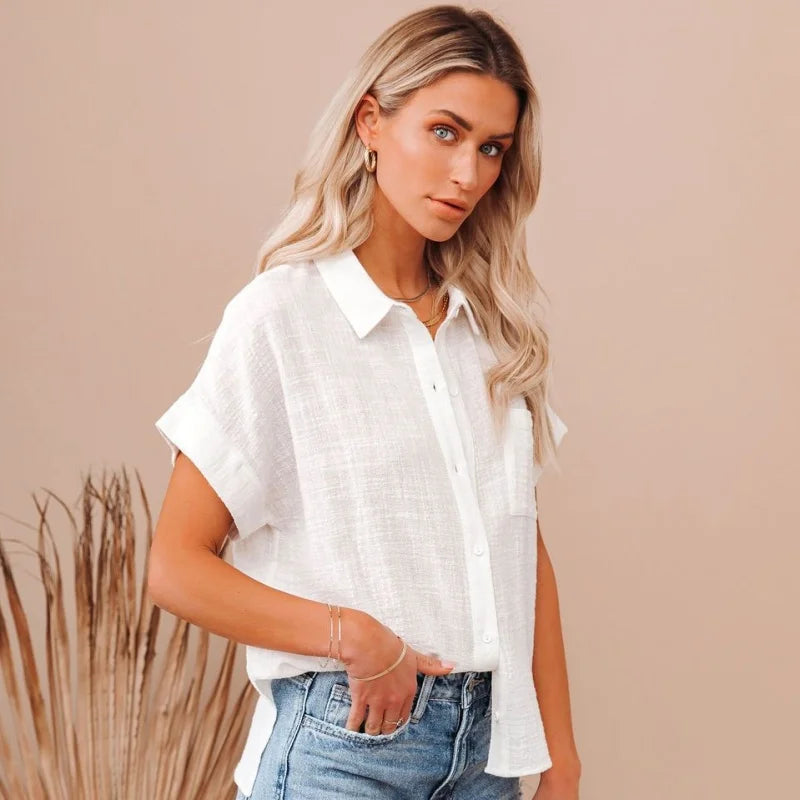 Floraye | Women's Boho Tie-Front Short Sleeve Shirt - Light Blue - Image 13