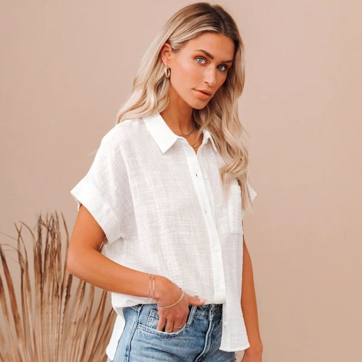 Floraye | Women's Boho Tie-Front Short Sleeve Shirt - Light Blue - Image 13