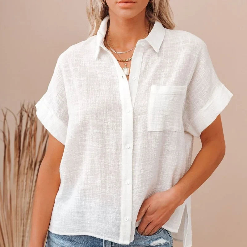 Floraye | Women's Boho Tie-Front Short Sleeve Shirt - Light Blue - Image 15