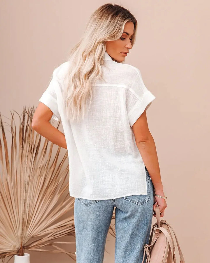 Floraye | Women's Boho Tie-Front Short Sleeve Shirt - Light Blue - Image 17