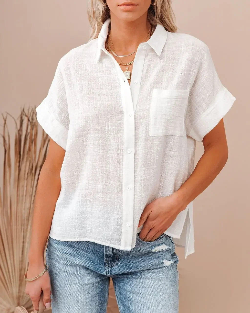 Floraye | Women's Boho Tie-Front Short Sleeve Shirt - Light Blue - Image 18