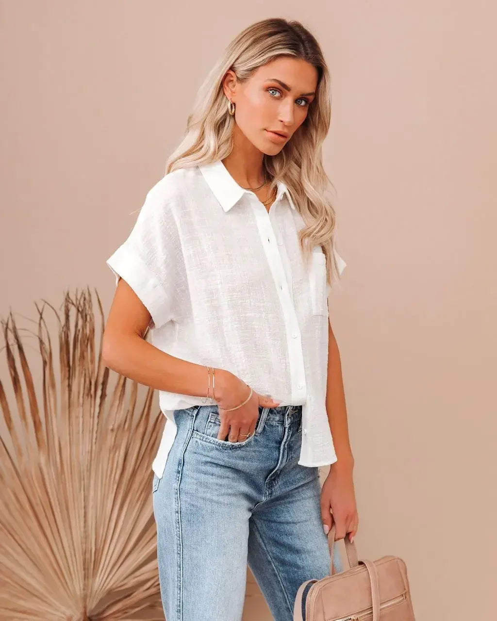 Floraye | Women's Boho Tie-Front Short Sleeve Shirt - Light Blue - Image 20