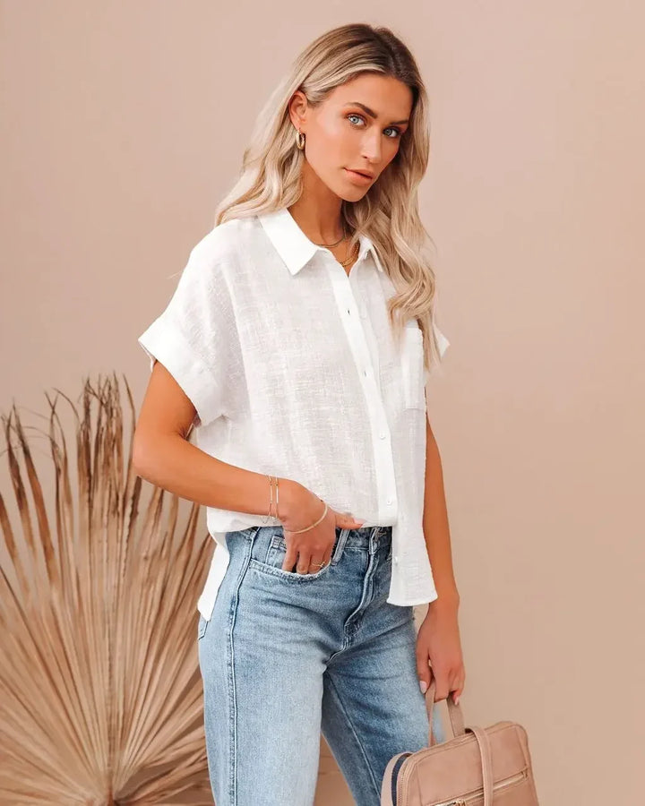 Floraye | Women's Boho Tie-Front Short Sleeve Shirt - Light Blue - Image 20