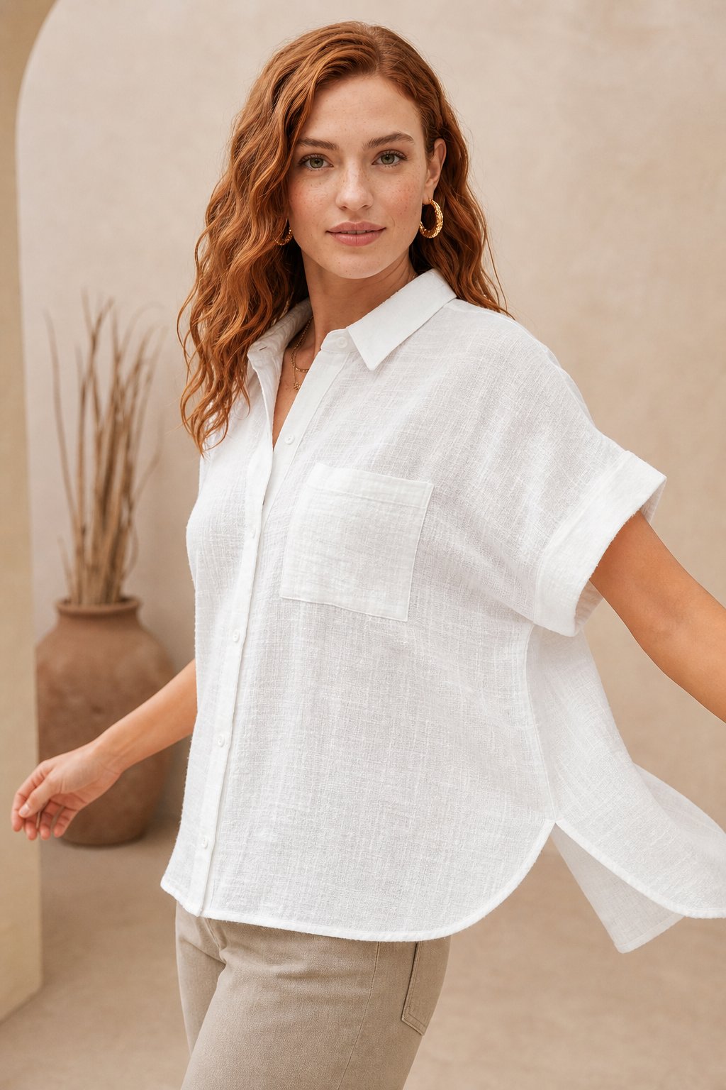 Floraye | Women's Boho Tie-Front Short Sleeve Shirt - Light Blue - Image 4