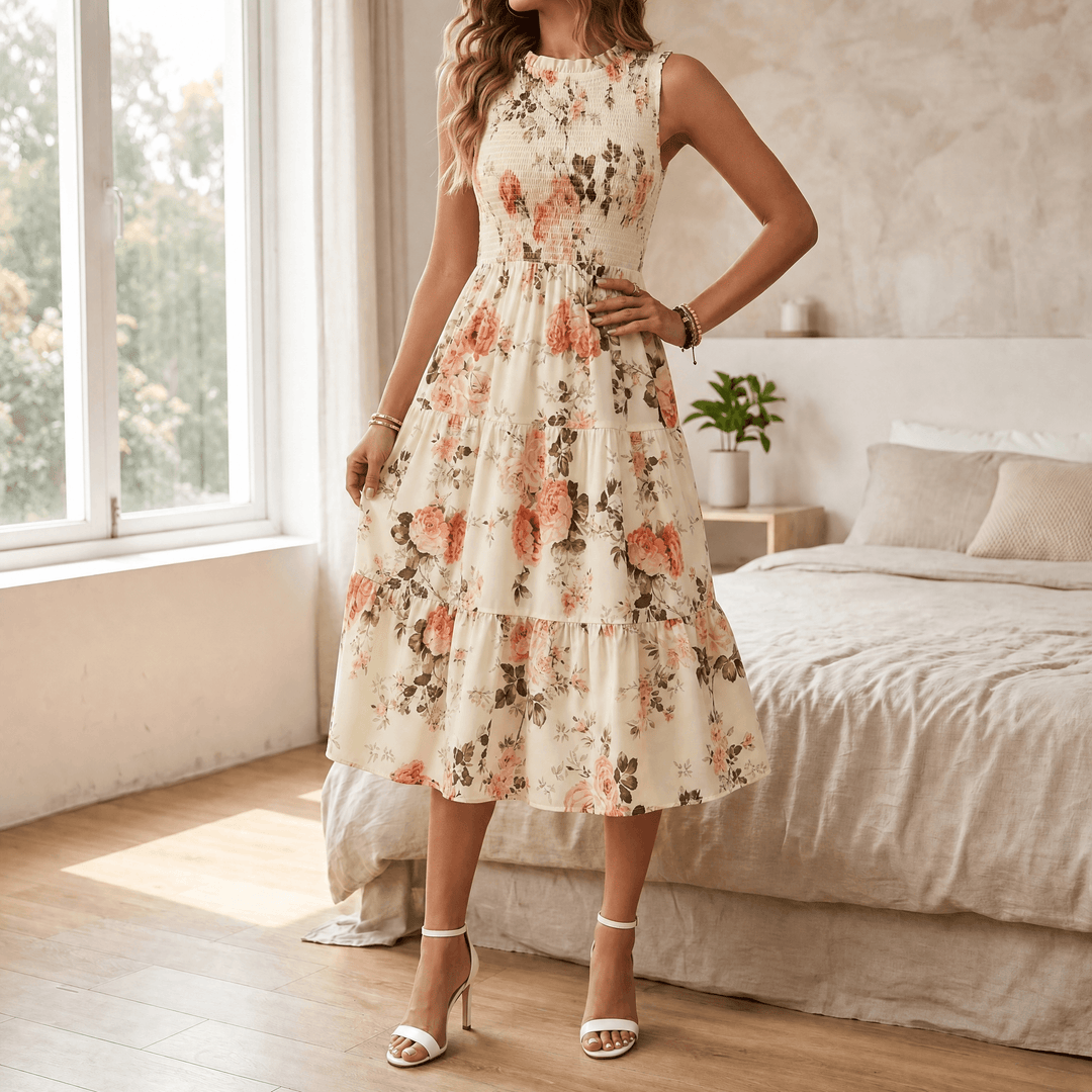 Florette | Women's Floral Print Smocked Midi Dress - Cream - Image 11