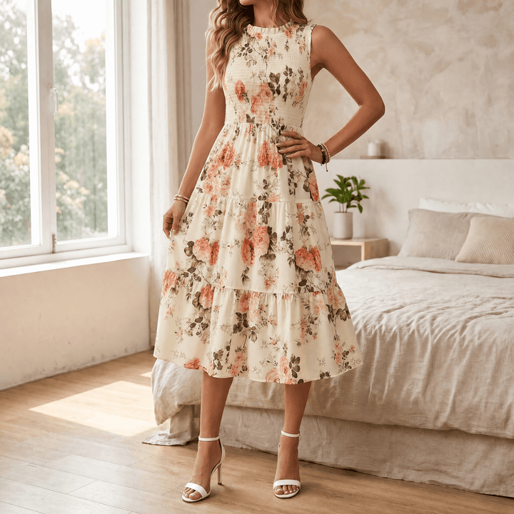 Florette | Women's Floral Print Smocked Midi Dress - Cream - Image 11