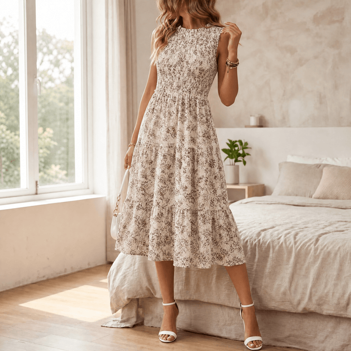 Florette | Women's Floral Print Smocked Midi Dress - Cream - Image 12