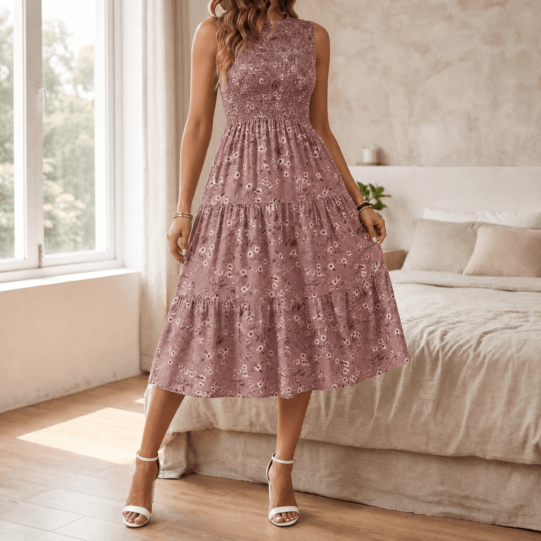 Florette | Women's Floral Print Smocked Midi Dress - Cream - Image 13