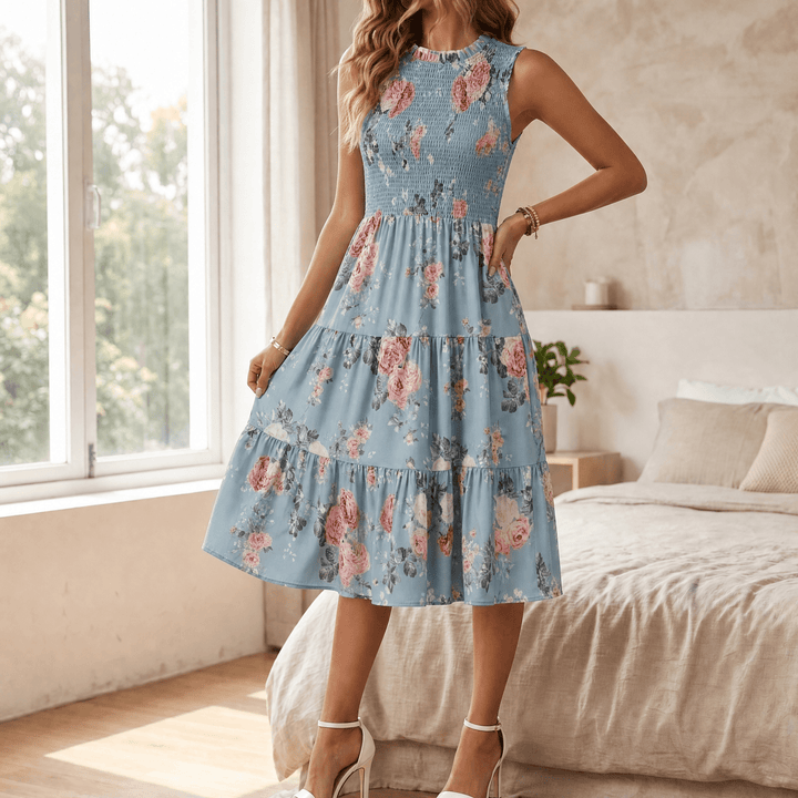 Florette | Women's Floral Print Smocked Midi Dress - Cream - Image 14