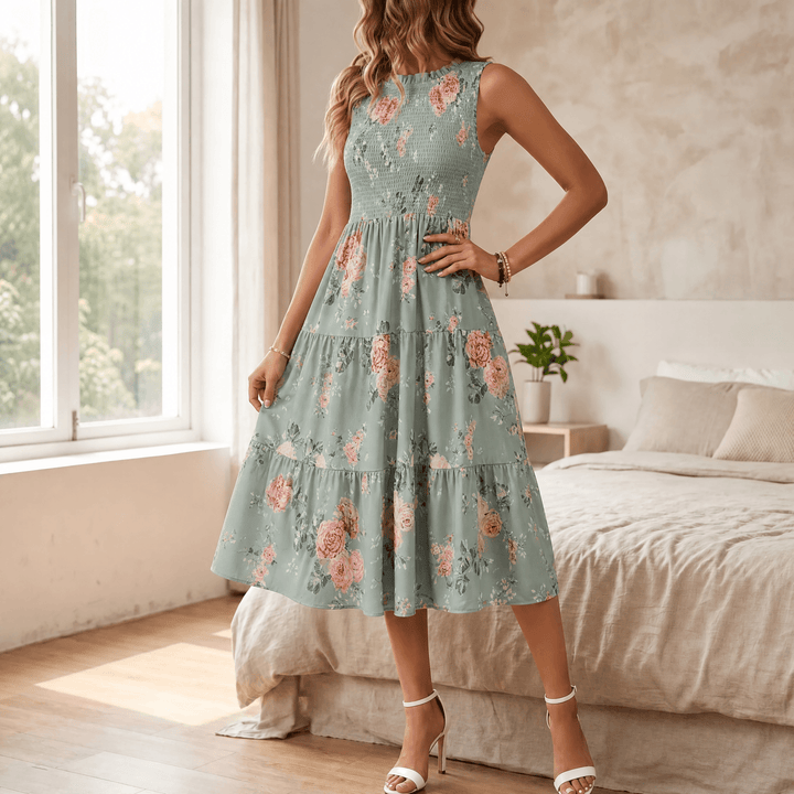 Florette | Women's Floral Print Smocked Midi Dress - Cream - Image 15