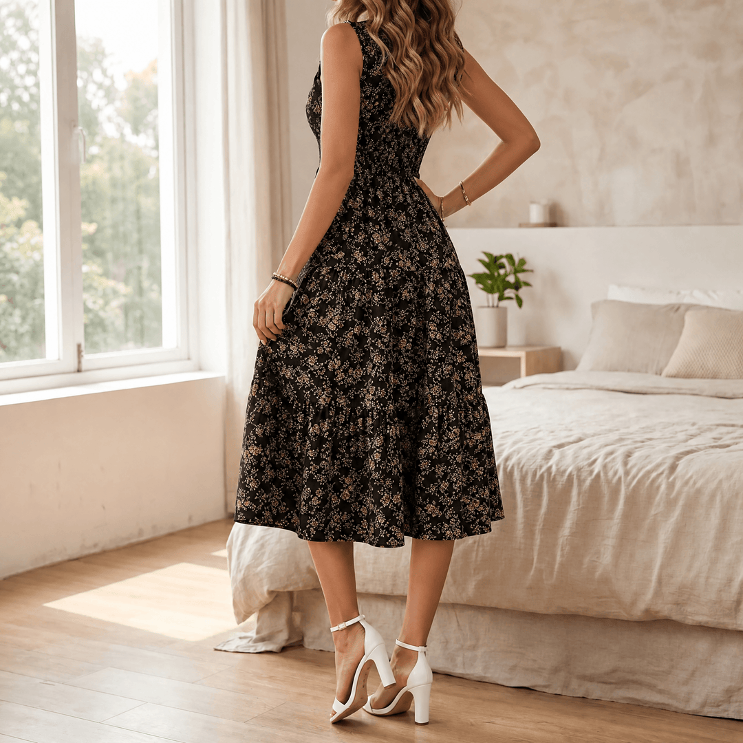 Florette | Women's Floral Print Smocked Midi Dress - Cream - Image 16