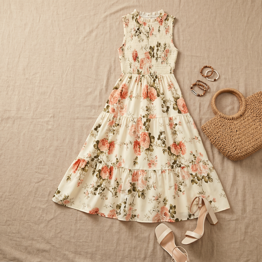 Florette | Women's Floral Print Smocked Midi Dress - Cream - Image 5