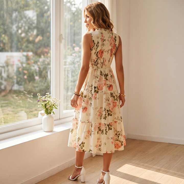 Florette | Women's Floral Print Smocked Midi Dress - Cream - Image 6