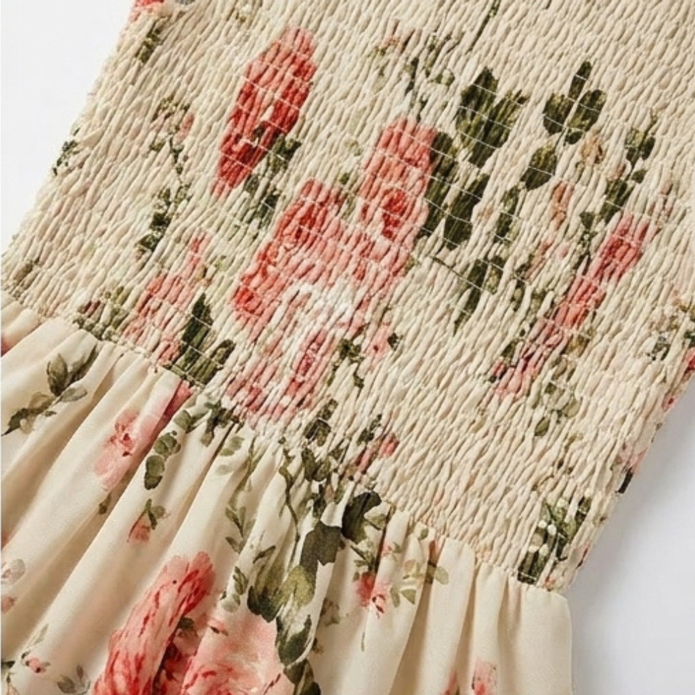Florette | Women's Floral Print Smocked Midi Dress - Cream - Image 9