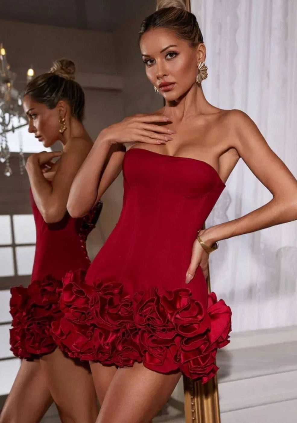 Floreva | Women's Strapless Rosette Hem Mini Dress - Red - Image 1