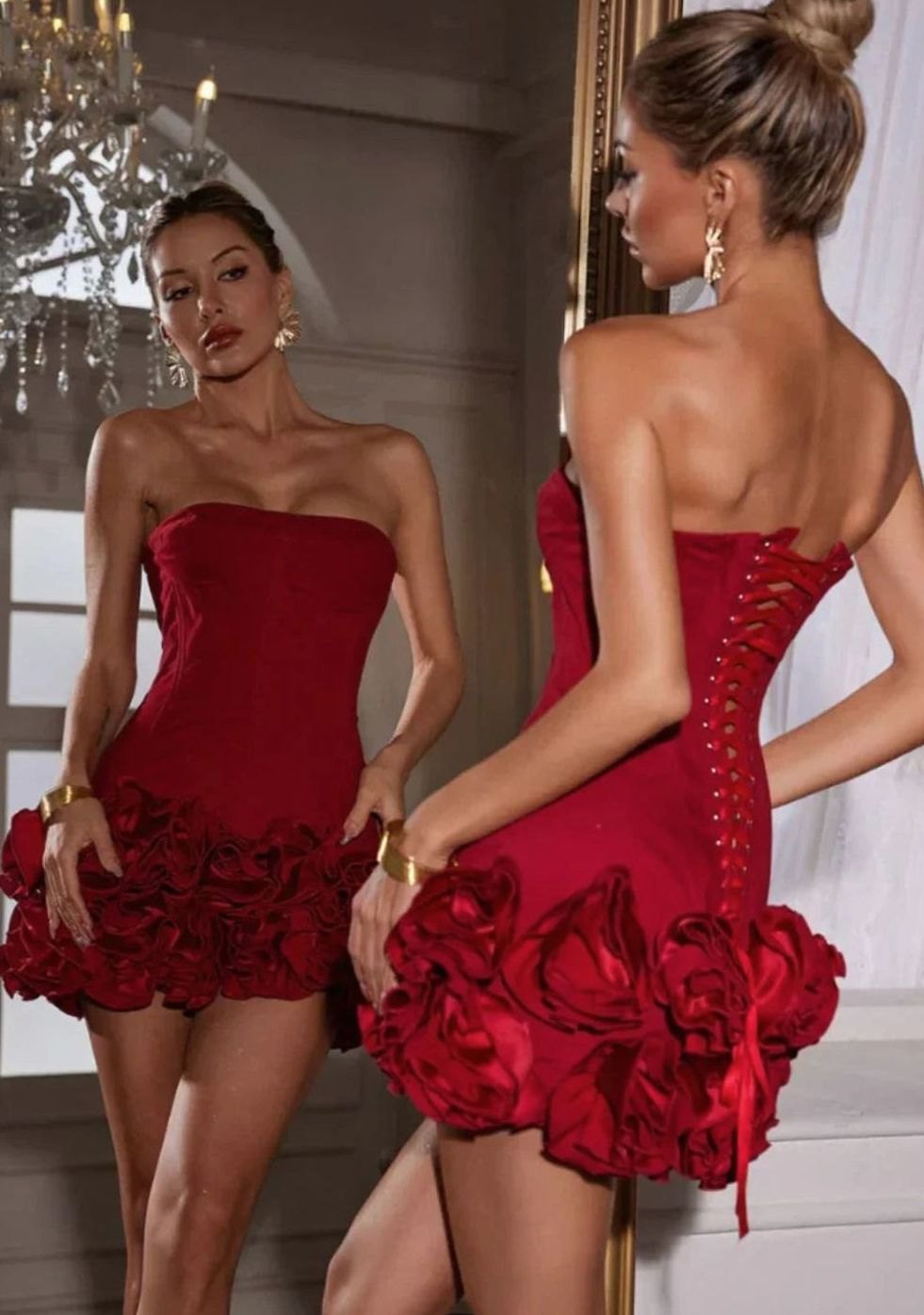 Floreva | Women's Strapless Rosette Hem Mini Dress - Red - Image 4