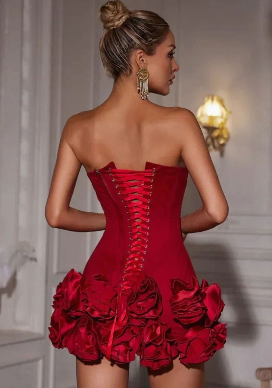 Floreva | Women's Strapless Rosette Hem Mini Dress - Red - Image 5