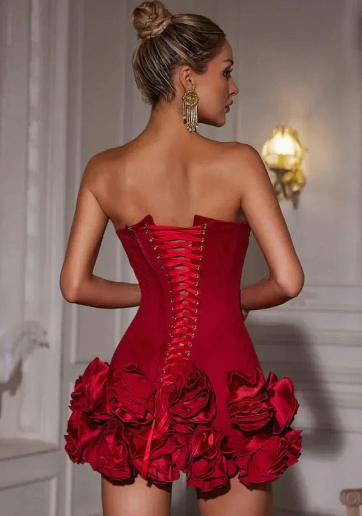 Floreva | Women's Strapless Rosette Hem Mini Dress - Red - Image 5