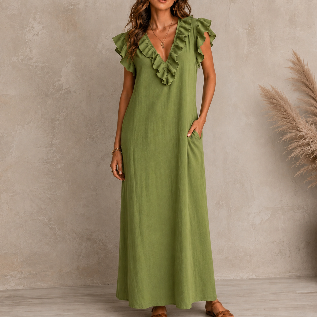 Florin | Women's Ruffle V-Neck Maxi Dress with Pockets - Green - Image 1