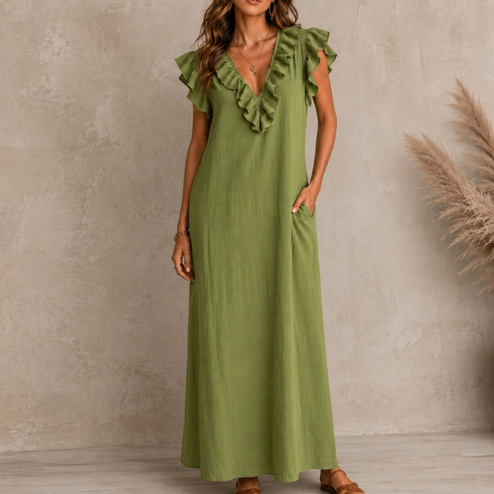 Florin | Women's Ruffle V-Neck Maxi Dress with Pockets - Green - Image 1